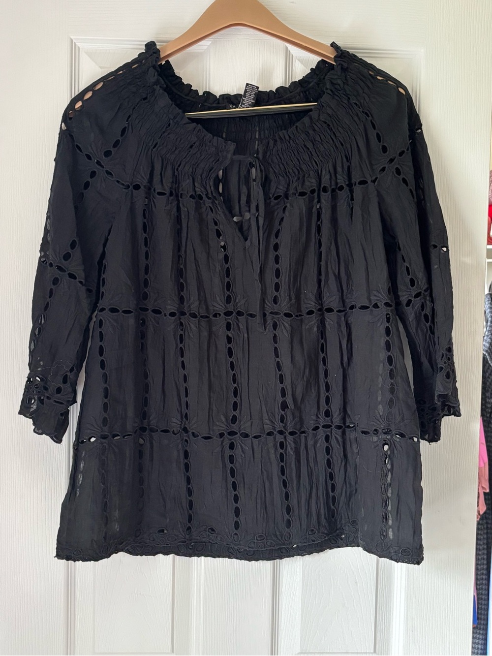 INC International Concepts Black Eyelet Peasant Blouse